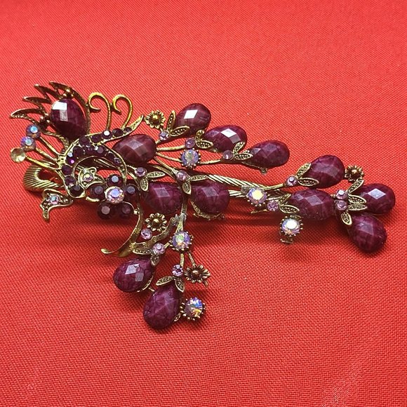 VTG Peacock Hair Clip Claw Purple Acrylic Stones Rhinestones Repaired main image 10